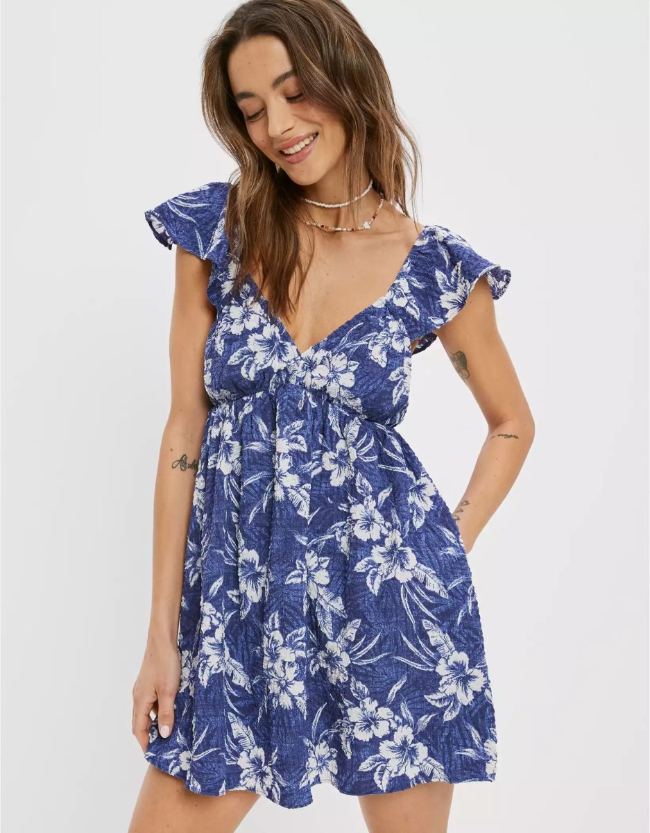 Mini Robe American Eagle AE Floral Flutter-Sleeve Bleu Marine Femme | IPJ-64207058